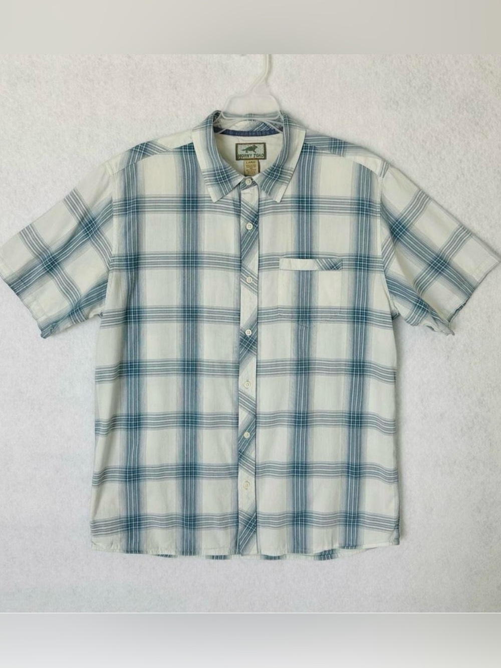 Horny Toad Mens Short Sleeve Button Shirt Large Blue White Check Casual READ
